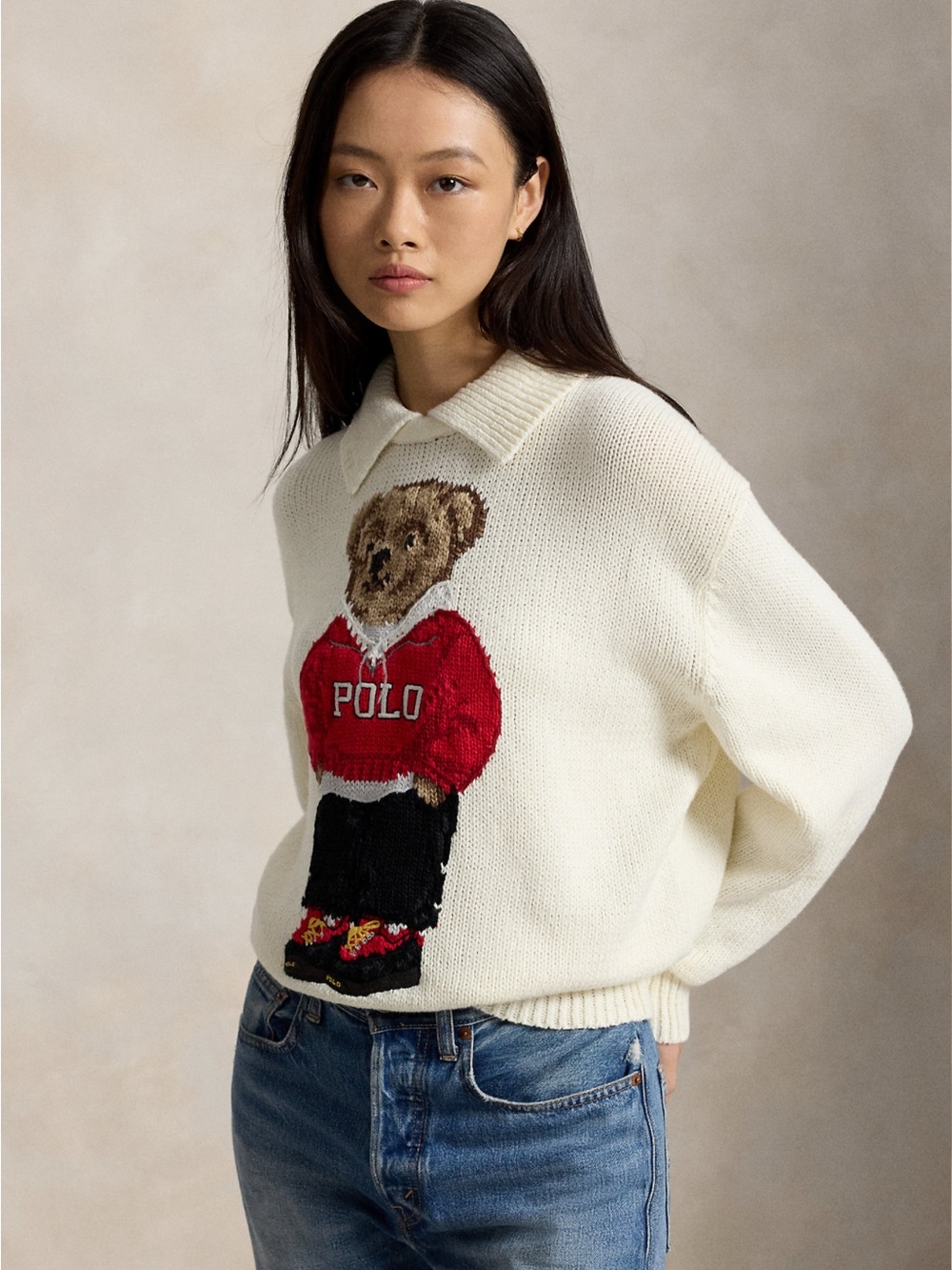 Polo by Ralph Lauren Cream Bear Collared Sweater
